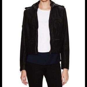 Alice + Olivia Graham Hooded Leather Moto Jacket  size M